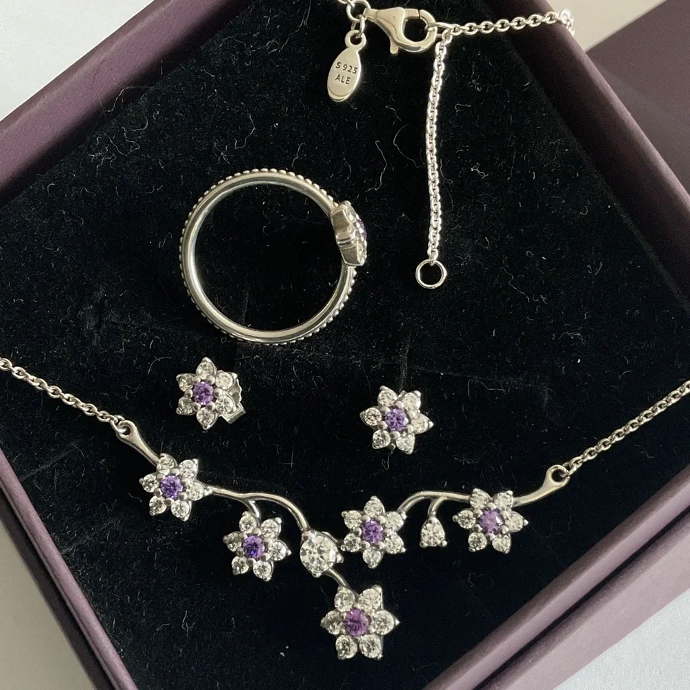Pandora Silver Necklace with Purple Floral Accents - Picture 4 of 6